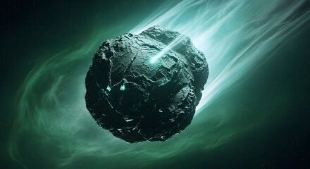 Dramatic asteroid hurtling through vibrant teal nebula, cosmic space rock, impending impact, science fiction.