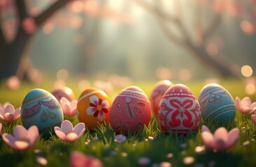 Easter eggs, bunny and spring flowers on meadow. Easter concept