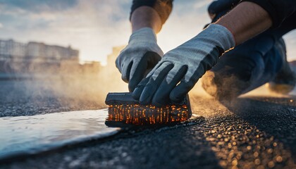 A construction worker in gloves applies a sealant to a rooftop surface with a brush during golden hour sunlight.