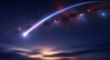 Dramatic shooting star streaks across a vibrant, colorful night sky with glowing nebula.