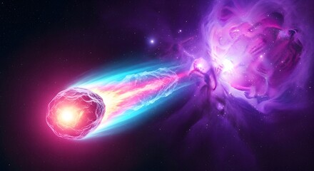 Vibrant cosmic explosion of a fiery comet streaking through a nebula in deep space