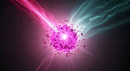 Energetic cosmic explosion of magenta and teal, abstract particles, dynamic energy release, dramatic space background