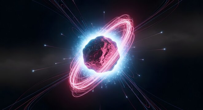 Cosmic asteroid impact with vibrant energy trails, nebula background, dramatic space event visualization.