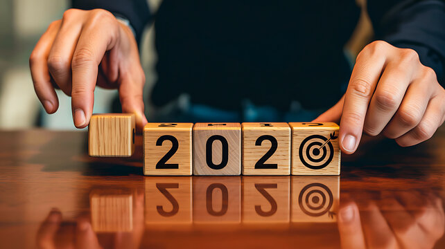 Person changing wooden blocks from 2020 to target symbol representing 2021 goals, new year planning, transition and future aspirations