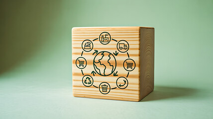 Wooden block with globe and sustainability icons on green background symbolizing circular economy, eco practices and environmental awareness