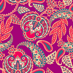 Floral fabric background with paisley ornament. Seamless vector pattern