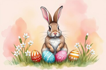 Happy Easter concept with colorful eggs and bunny among flowers in spring time