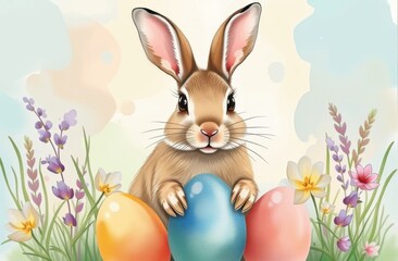 Happy Easter concept with colorful eggs and bunny among flowers in spring time