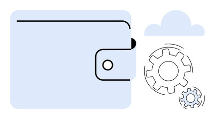 Wallet with clasp, mechanical gears, and a cloud outline conveys financial organization, automation, and digital integration. Ideal for fintech, automation, cloud storage, economy transactions