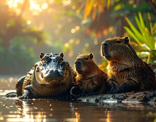 A crocodile and a group of capybaras peacefully resting near a calm riverbank, tropical vegetation in the background