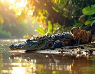 A crocodile and a group of capybaras peacefully resting near a calm riverbank, tropical vegetation in the background, warm sunlight and natural reflections