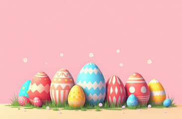 Colorful Easter eggs in green grass with pink background. Copy space for text