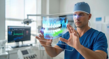 Innovative medical technology displays holographic dental diagnostics, advancing patient treatment and precision care concepts.