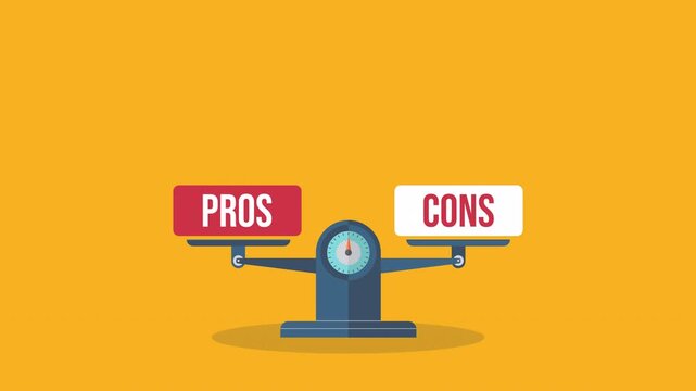 The words pros and cons balanced on a seesaw. Comparing positive advantages or negative disadvantages	
