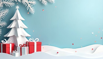 Obraz premium Paper cutout christmas tree and gifts sit in snow. White fir branches frame the winter scene. Light blue background with confetti offers copy space for holiday messages and designs.