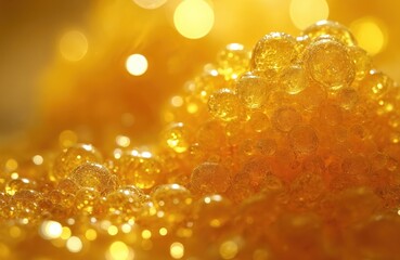 Close up view of golden amber shiny bubbles texture background. Liquid droplets create abstract pattern with bright bokeh lights. Material appears like cannabis concentrate, medical extract sticky