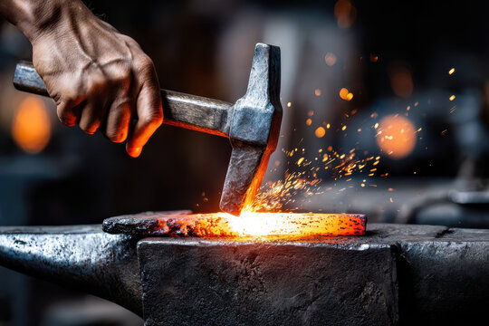 Blacksmith forging metal in a workshop at night with glowing sparks flying