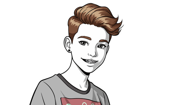 Teen boy with dental braces. Cartoon isolated boy smiling with stylish hairstyle and dental braces on white background  