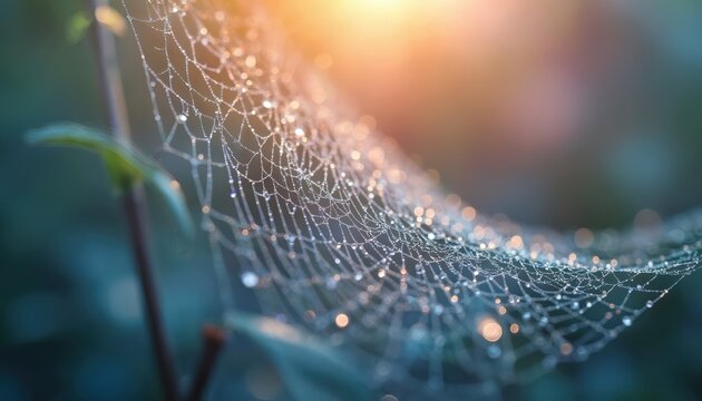 Close-up of spider web covered in glistening dew drops. Bokeh light creates magical glow highlighting delicate strands. Image evokes natures beauty, intricate design, suitable for website backgrounds.