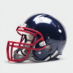 Fototapeta premium An American football helmet that is modern and reflective, with a shiny blue shell and a silver mask, on a white background. Professional product photography and studio lighting.