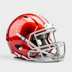Fototapeta premium Modern American football helmet, highly reflective metallic red shell, detailed silver face mask, against a clean white background. Professional product photography, studio lighting