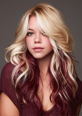 Beautiful portrait of a woman with long, flowing burgundy hair and chunky platinum face-framing highlights. studio lighting, romantic mood, cinematic photography