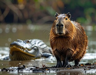 A curious capybara standing near the river edge while a crocodile slowly approaches in the water, captured in a natural wildlife environment with dramatic lighting