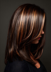 Fototapeta premium A fashion editorial picture of a woman dressed in fall-appropriate clothing. Her hair is dark brunette with chunky bronze highlights and lit in studio style.