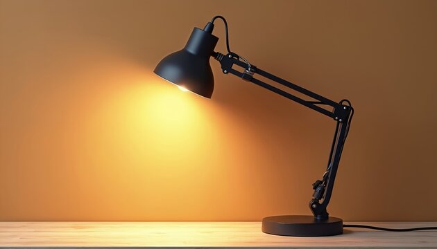 Black adjustable desk lamp stands on light wooden table. Casts warm yellow light onto plain brown wall, creating cozy atmosphere. Modern fixture provides essential illumination for reading, work,