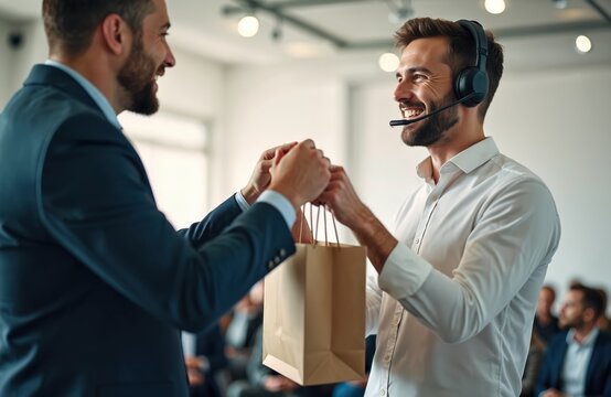 Smiling male speaker gets gift bag from colleague. Man in headset receives reward at business conference, workshop, seminar. Happy presenter takes prize for speech, job done well. Event participant