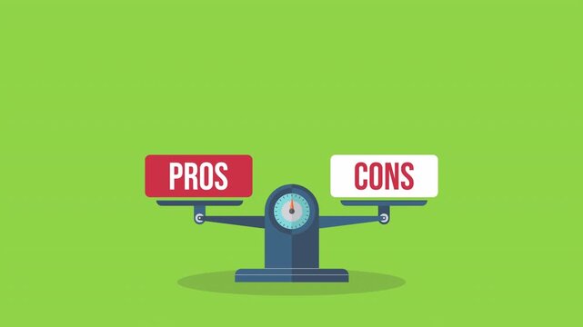 The words pros and cons balanced on a seesaw. Comparing positive advantages or negative disadvantages	