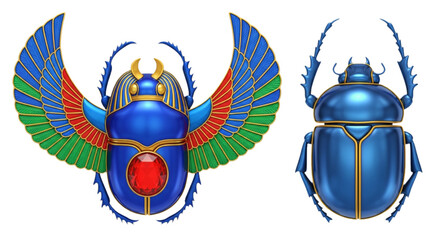 Egyptian winged and plain blue scarab beetle illustrations isolated on transparent background