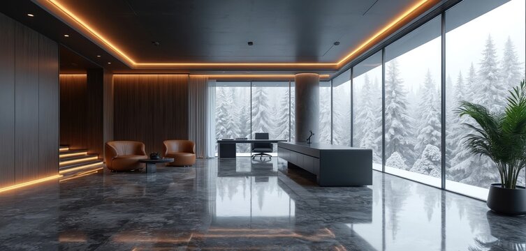 Luxurious modern office room with minimalist furniture and large windows facing snow covered forest trees. Warm indoor lights contrast with cold winter nature view.