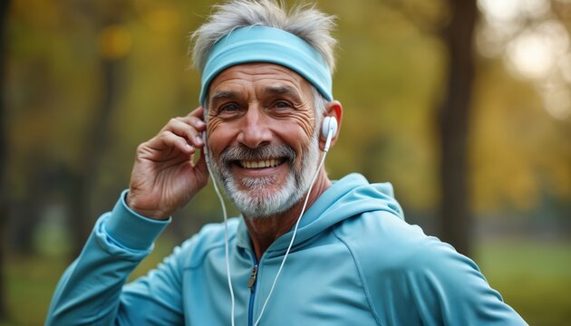 Smiling elderly man adjusts earphones for music during outdoor park run. Fit senior runner enjoys cardio workout, looking energetic and healthy. Active retirement lifestyle promotes wellness.