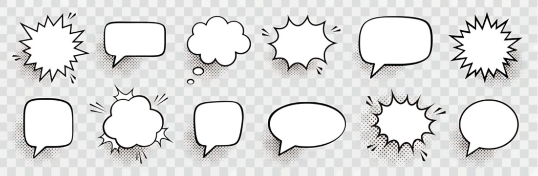 Retro empty comic speech bubbles set with black halftone shadows. Vintage design, pop art style - stock vector