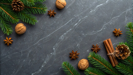 Festive evergreen branches with pine cones and cinnamon sticks create a cozy Christmas mood for holiday invitations and seasonal backgrounds