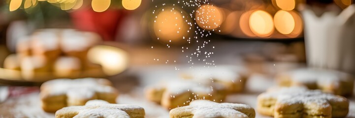 Warm Christmas star cookies dusted with powdered sugar on a rustic wooden table, creating a cozy holiday baking scene. Perfect for festive season, sweet treats & traditional homemade dessert visual