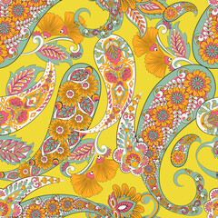 Fototapeta premium Floral seamless pattern with paisley ornament. Vector illustration in asian textile style