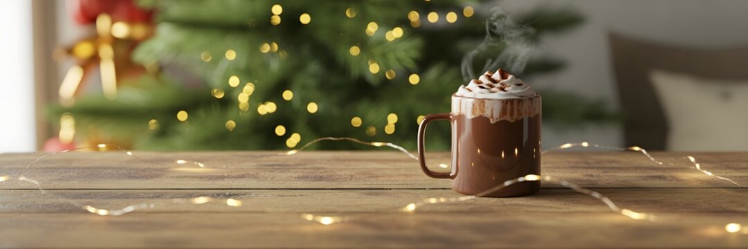 Steaming hot chocolate with marshmallows on a rustic wooden table, adorned with warm string lights. Perfect for cozy Christmas holiday season & winter banners. - Powered by Adobe