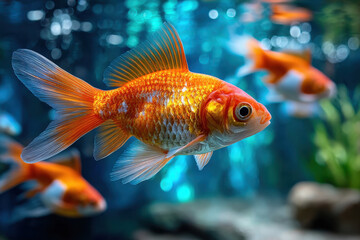 Goldfish Swimming in a Blue Aquarium