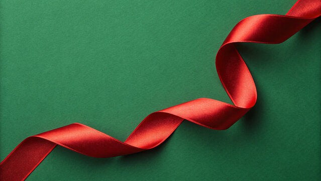 Elegant red ribbon elegantly flows across a vibrant green background, perfect for holiday celebrations and luxurious gifting.