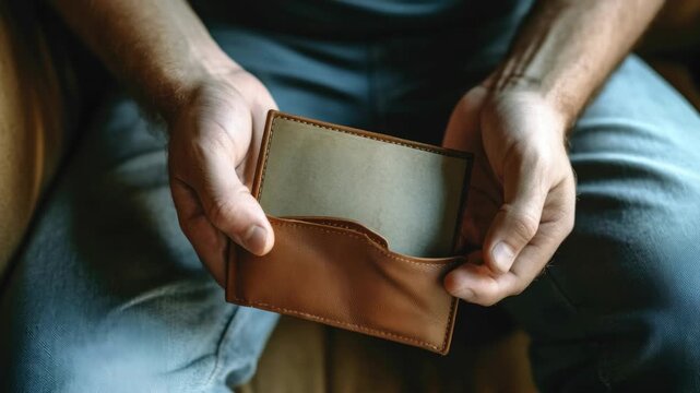 A person's hand holding a closed brown leather wallet, with money and finance implications.
