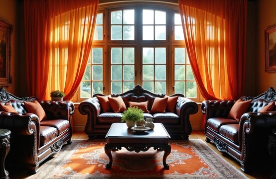 Ornate leather sofas flank dark wood table in opulent room. Large window with sheer orange curtains reveals garden view. Elegant interior displays antique decor and plush rug.