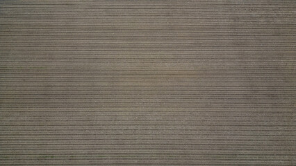 Aerial View of Tilled Field with Parallel Rows