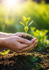 Hands holding a seedling with soil, symbolizing growth and new beginnings.