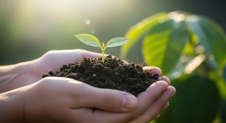 Hands holding soil with a small plant growing, symbolizing new life.