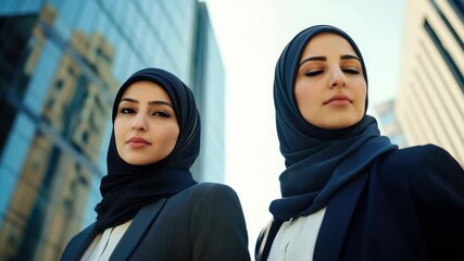 Two modern, hijab-wearing Muslim women in a city setting.