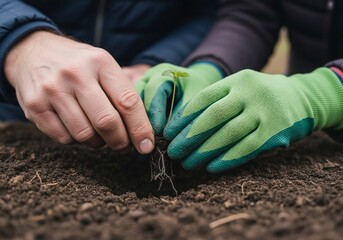 Hands planting seedling in soil with green gloves.