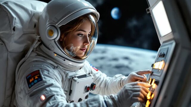 Astronaut inside spacecraft with reflective visor observing lunar