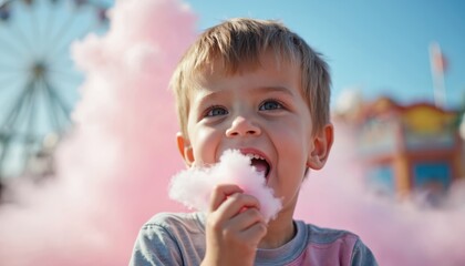 Young boy eats pink cotton candy with pure joy at amusement park. Rides and food stalls blur in background, blue sky above. Kid loves sugary sweet treat. Fun summer day.